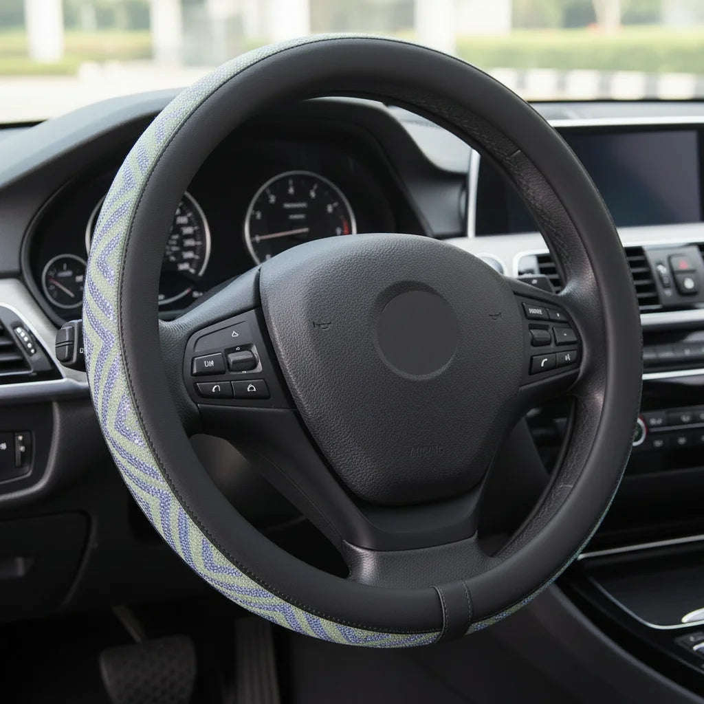 Sparkle Bling Rhinestone Plaid PU Material Steering Wheel Cover Universal Fit for Most Vehicles Lightweight Durable Protector