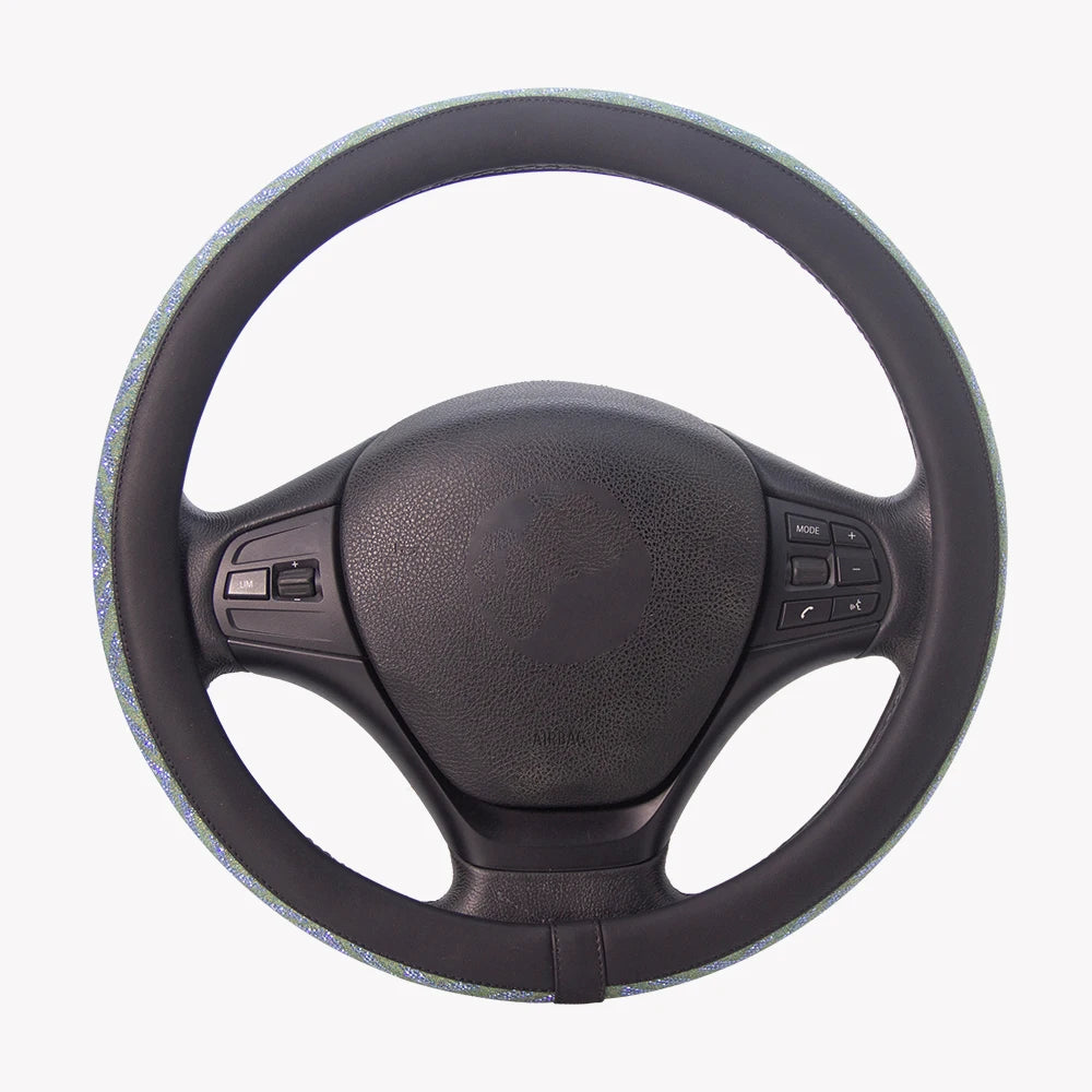 Sparkle Bling Rhinestone Plaid PU Material Steering Wheel Cover Universal Fit for Most Vehicles Lightweight Durable Protector
