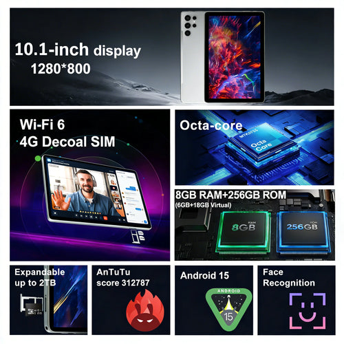 Android 15 Tablet, Latest Tablet, 10.1-inch Tablet, 4000mAh Battery, 2-in-1 Tablet with Full Accessories, Triple Cameras, HD FHD